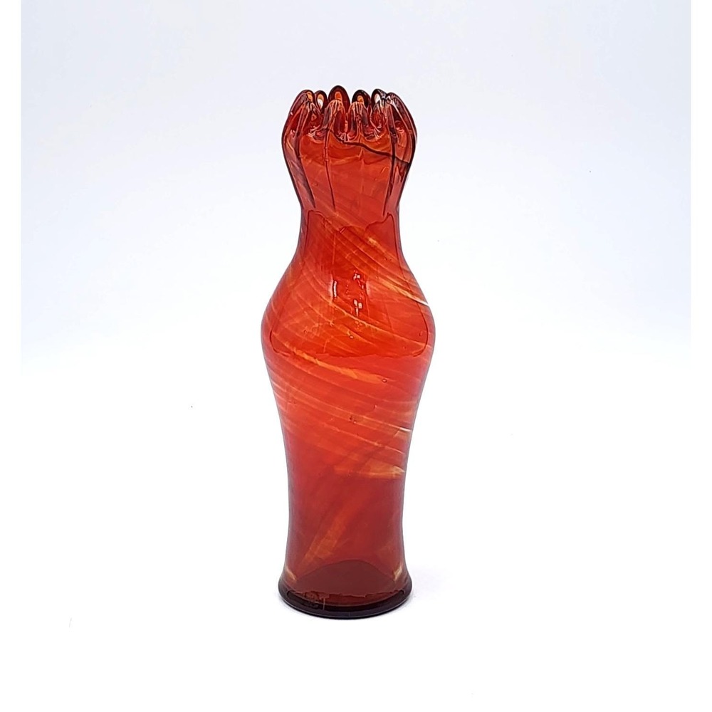 Vintage Amberina Swirl Glass Vase Pulled Finger Flame Red Hand Blown 10" MCM